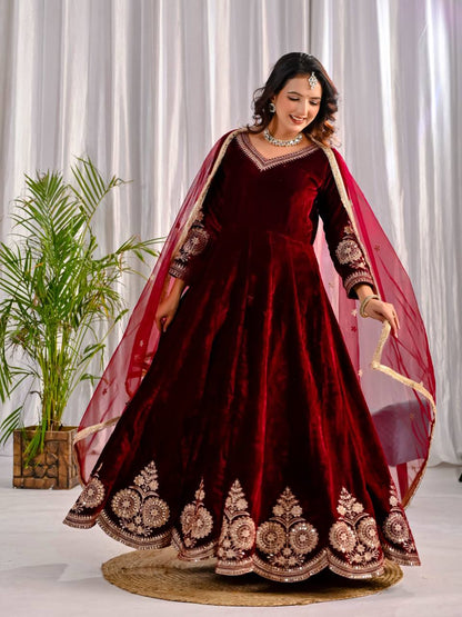Royal Party Wear Velvet Anarkali Suit with Embroidered Net Dupatta