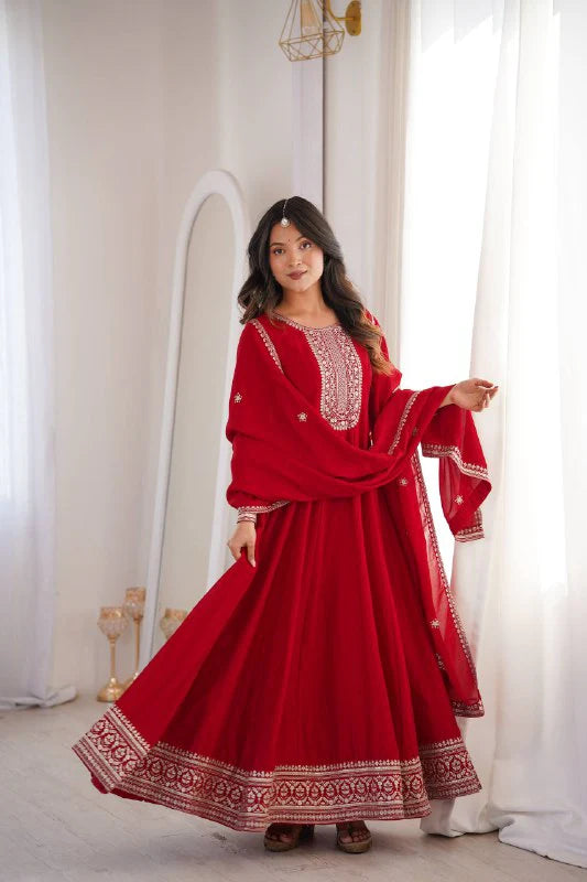 Designer Vichitra Silk Full Kali Anarkali Gown with Dupatta