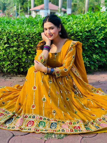 Women’s Faux Georgette Anarkali Suit with 5mm Sequins Embroidery Work, Fully Stitched, Party Wear Set with Dupatta & Pant