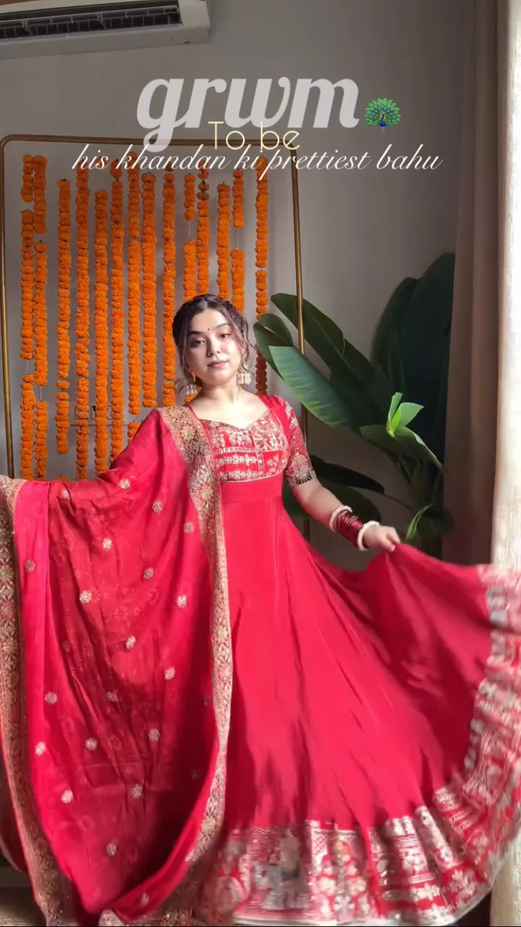 Royal Red Anarkali Set with Heavy Embroidery | Bridal & Festive Wear
