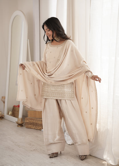 Designer Glass Roman Silk Embroidered Kurta with Farshi Shalwar & Dupatta Set