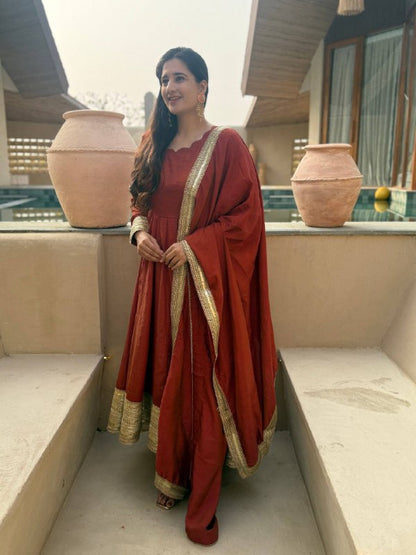 Heavy NC Vichitra Embroidered Anarkali Suit Set with Pant & Sequence Dupatta