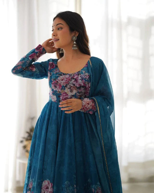 Pure Soft Organza Silk Fully Flared Kali Cut Anarkali Suit Set with Dupatta & Pant
