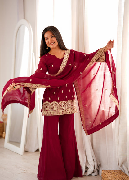 Designer Crunchy Silk Embroidered Kurta Bell Bottom Pant Set with Dupatta