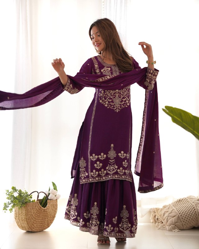 Designer Chinon Silk Kediyakurta with Sharara & Dupatta Set