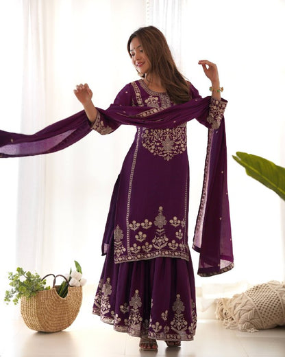 Designer Chinon Silk Kediyakurta with Sharara & Dupatta Set