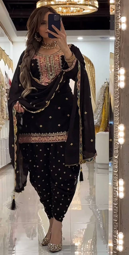 Premium Embroidered Georgette Dhoti Style Suit with Dupatta