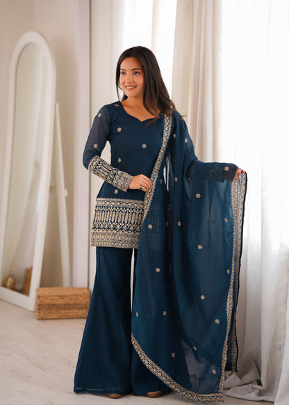 Crunchy Silk Embroidered Kurta with Bell Bottom Pant & Dupatta