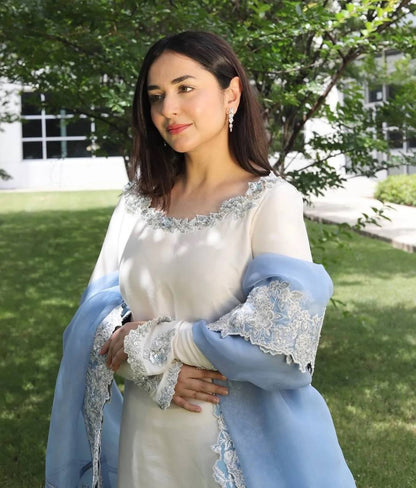 Elegant Roman Glass Embroidered Kurta Palazzo Set with Organza Dupatta