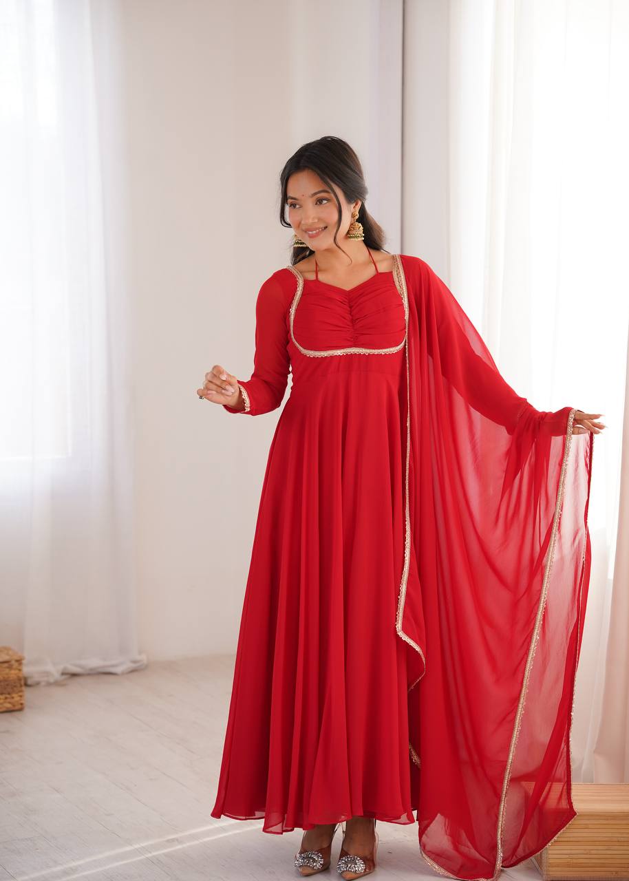 Premium Designer Fox Georgette Long Gown with Rich Flare & Lace Dupatta