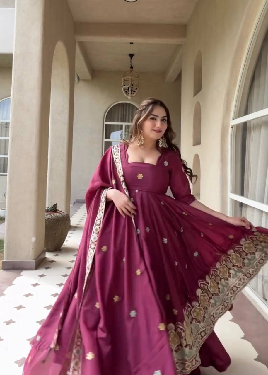Heavy Natural Crepe Silk Embroidered Anarkali Suit Set with Palazzo & Dupatta