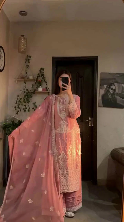Peach Embroidered Kurta Palazzo Set with Dupatta – Elegant Festive Wear