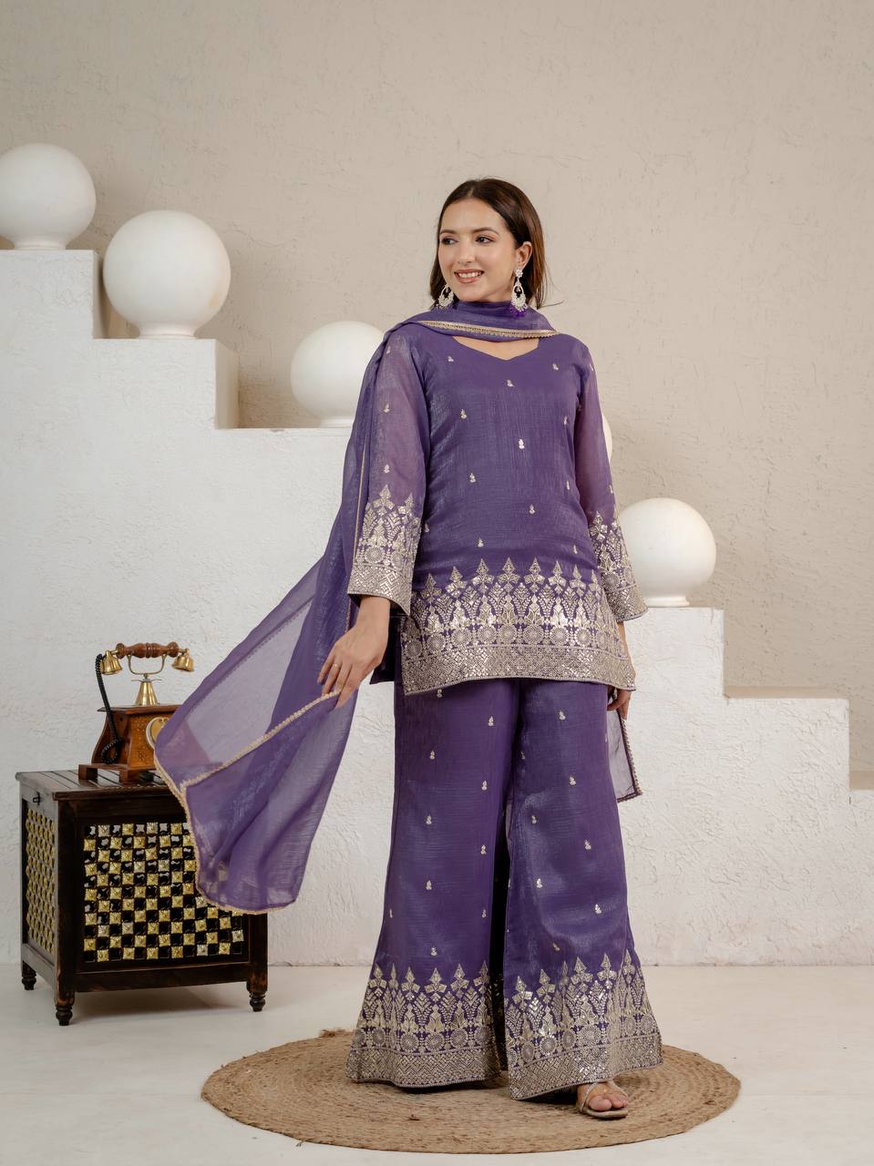 Graceful Sequin Embroidered Crunchy Silk Kurta Palazzo Set