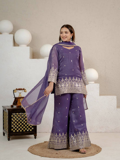 Graceful Sequin Embroidered Crunchy Silk Kurta Palazzo Set