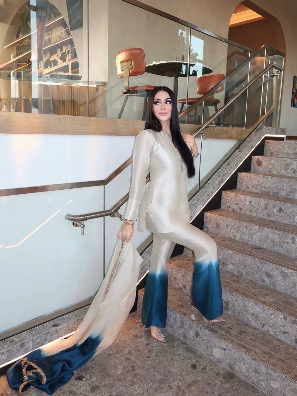 Premium Roman Glass Embroidered Top with Dual Tone Palazzo & Organza Silk Dupatta