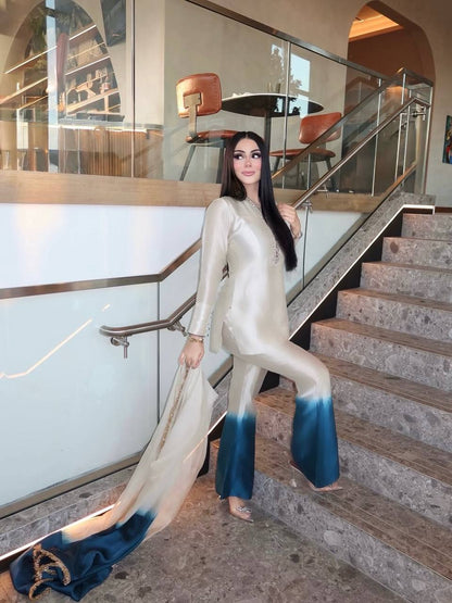 Premium Roman Glass Embroidered Top with Dual Tone Palazzo & Organza Silk Dupatta