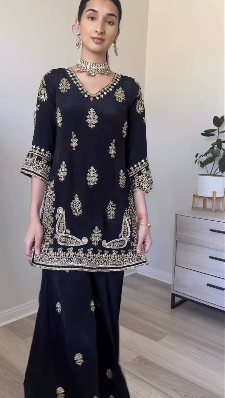 Heavy Chinnon Silk 5mm Sequence Embroidered Palazzo Suit With Dupatta