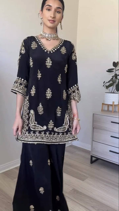 Heavy Chinnon Silk 5mm Sequence Embroidered Palazzo Suit With Dupatta