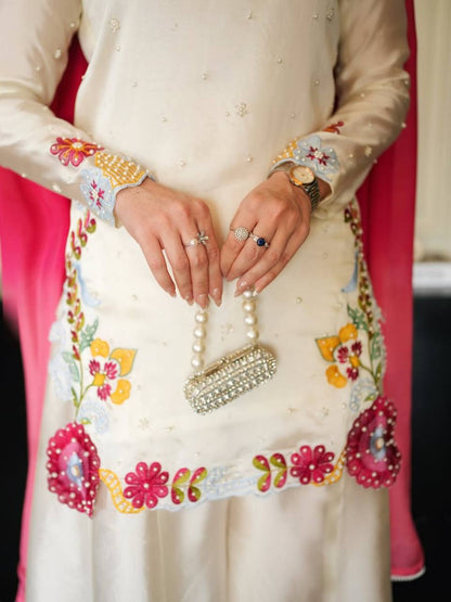 Heavy Roman Glass Silk Embroidered Sharara Suit Set with Chiffon Dupatta