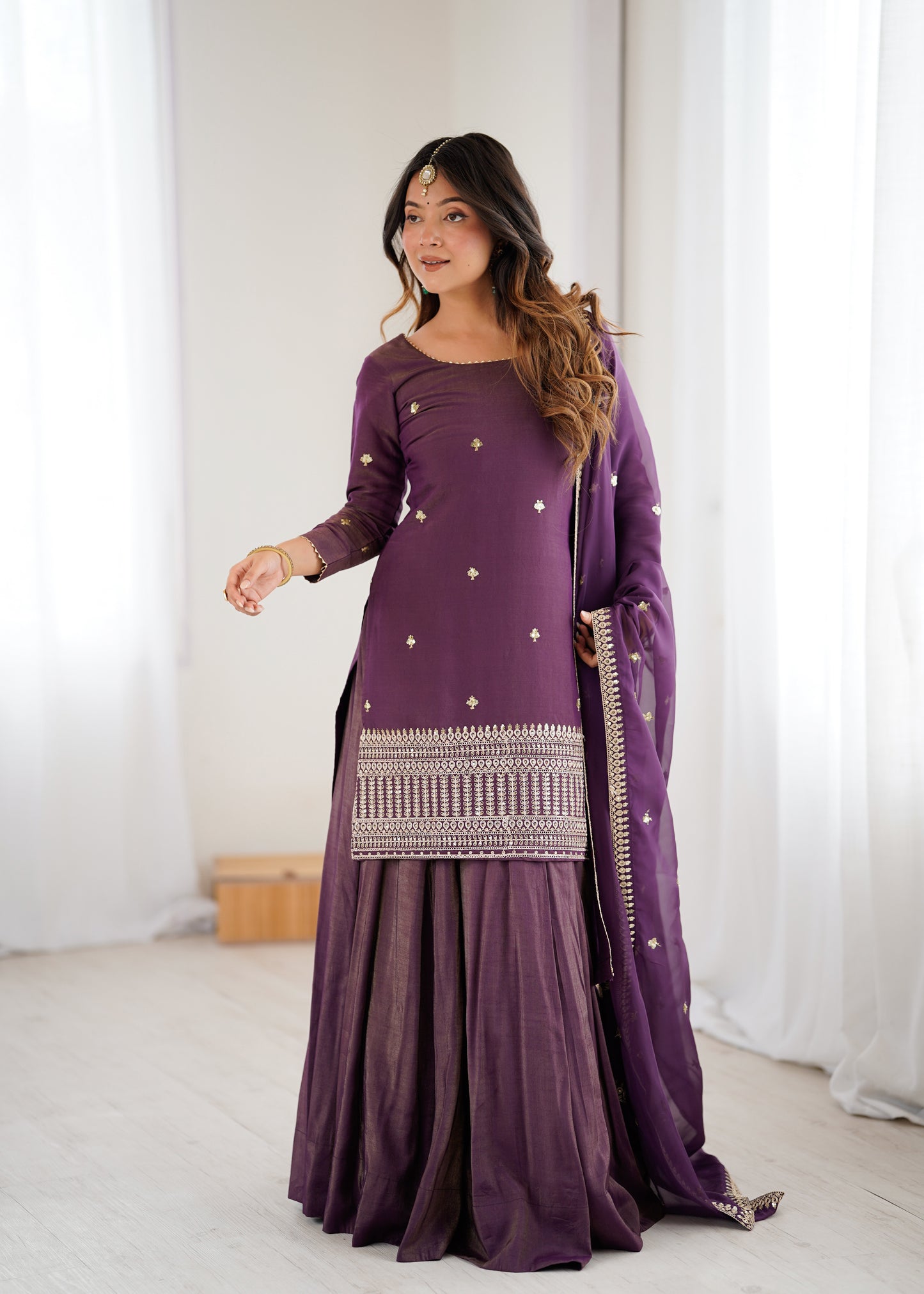 Premium Roman Shimmer Silk Kurta Lehenga Set for Women