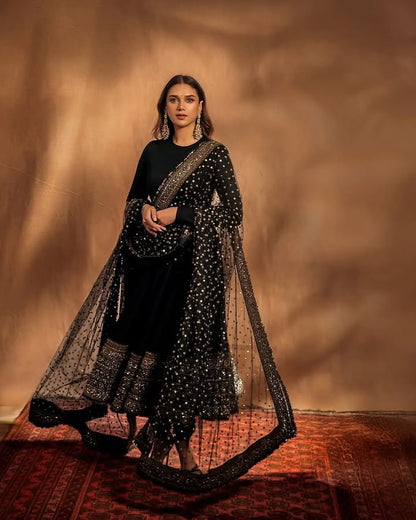 Aditi Arora Worn Black Roman Silk Anarkali Embroidered Gown | Wedding & Festive Wear