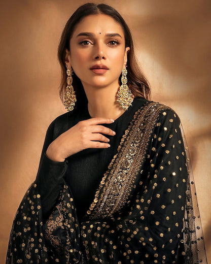 Aditi Arora Worn Black Roman Silk Anarkali Embroidered Gown | Wedding & Festive Wear