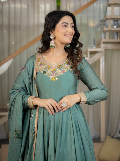 Premium Heavy Rangoli Crush Designer Anarkali Suit Set with Embroidery