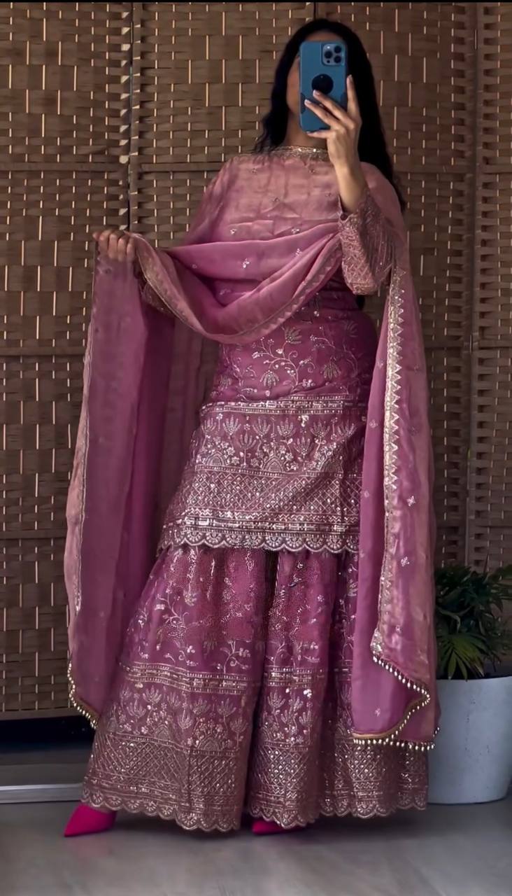 Designer Sequins Embroidered Sharara Suit with Dupatta for Women