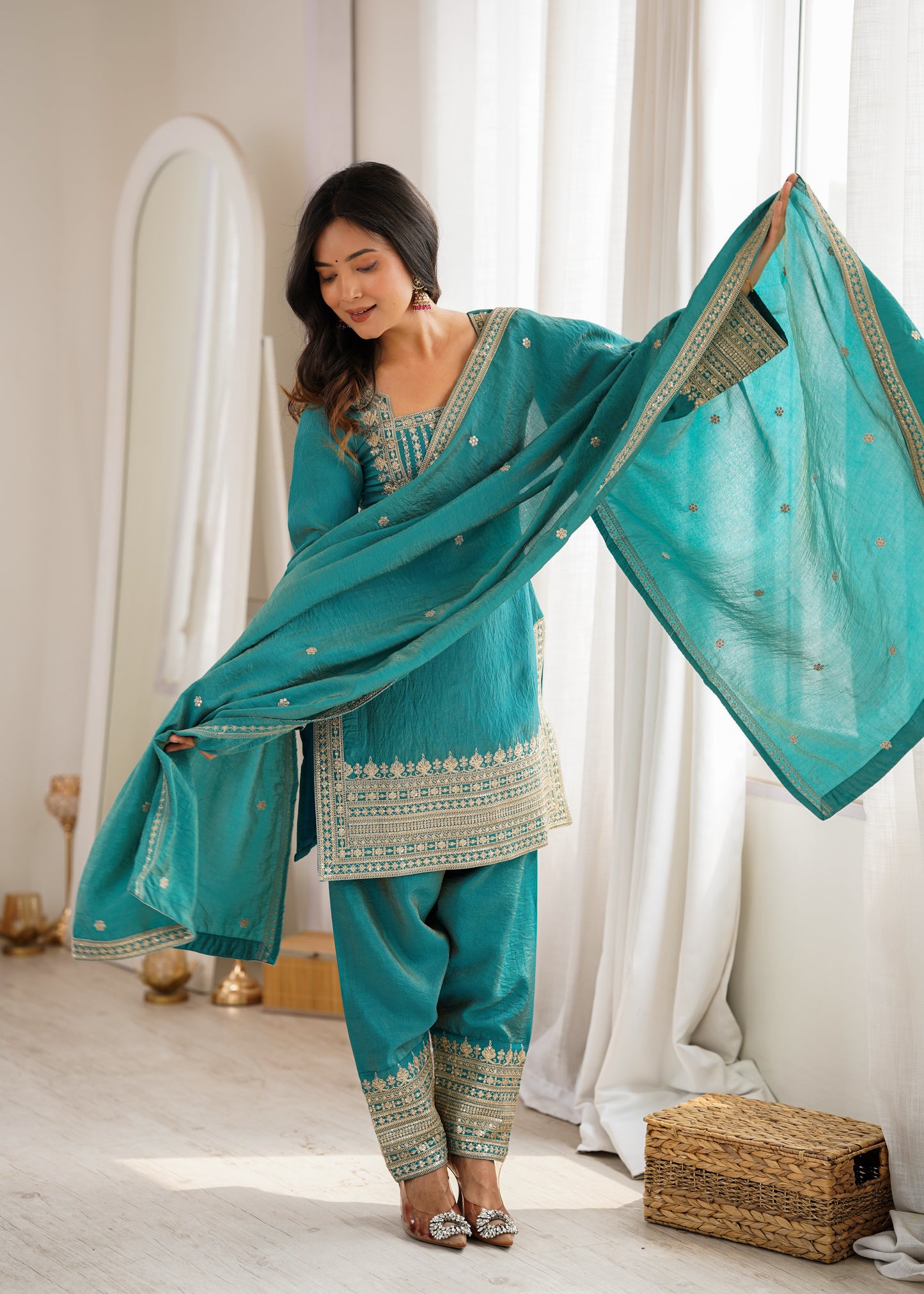 Party Wear NC Vichitra Silk Farshi Shalwar Set with Lace Dupatta