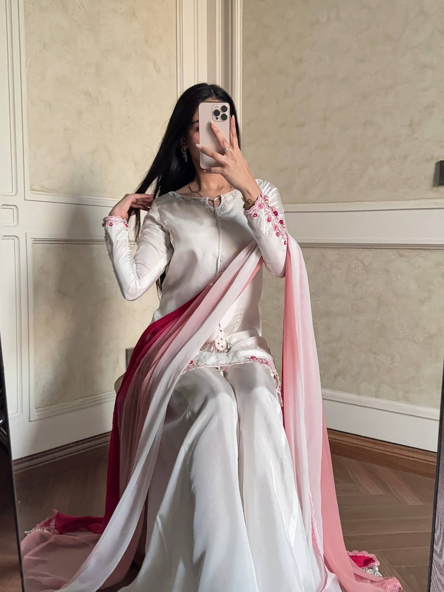 Elegant Natural Crepe Silk Suit Set with Fancy Sleeves