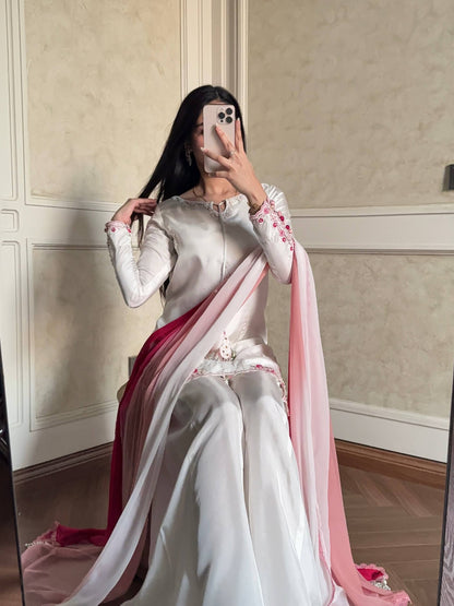Elegant Natural Crepe Silk Suit Set with Fancy Sleeves