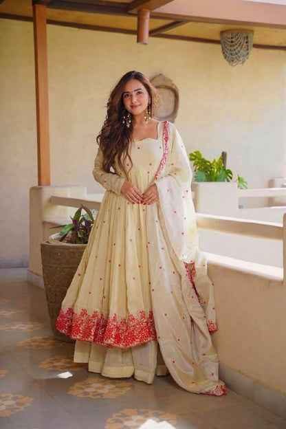 Pure Cosmos Silk Anarkali Sharara Set with Embroidered Dupatta
