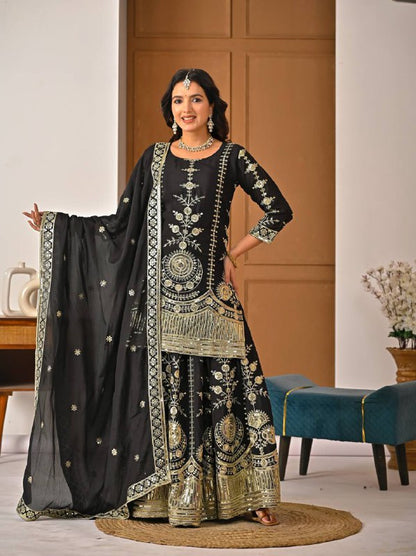 Designer Heavy Vichitra Silk Sharara Palazzo Set