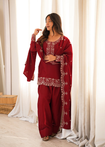 Elegant Glass Roman Silk Kurta Farshi Shalwar Set with Embroidered Dupatta