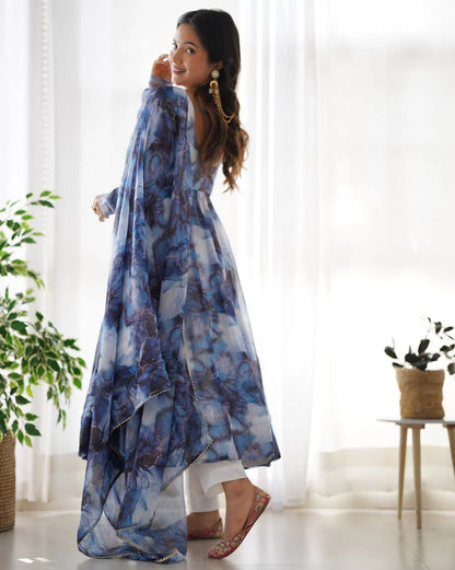 Women’s Pure Soft Organza Silk Marble Print Anarkali Suit Set with Gota Patti Dupatta