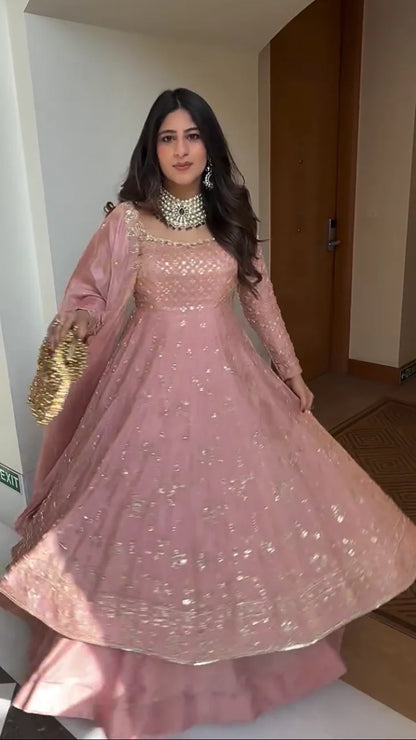Elegant Blush Pink Hand Embroidered Crap Silk Anarkali Set