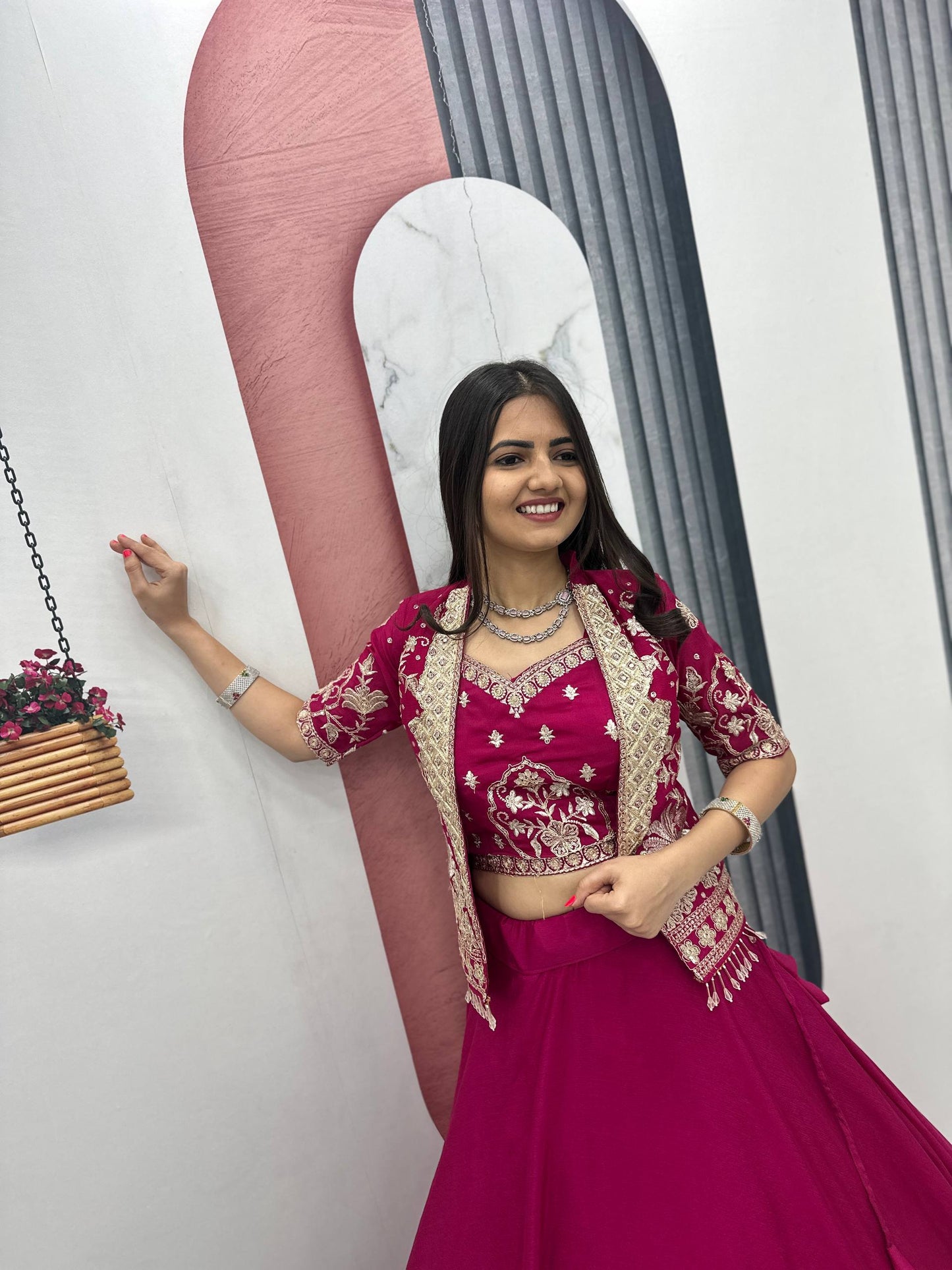 Designer Chinon Crop Top Lehenga Set with Heavy Embroidery Jacket