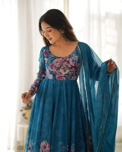 Pure Soft Organza Silk Fully Flared Kali Cut Anarkali Suit Set with Dupatta & Pant