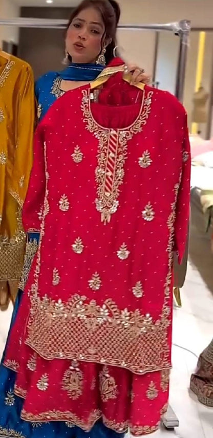 Heavy Chinon Silk Sequence Embroidery Sharara Set with Dupatta