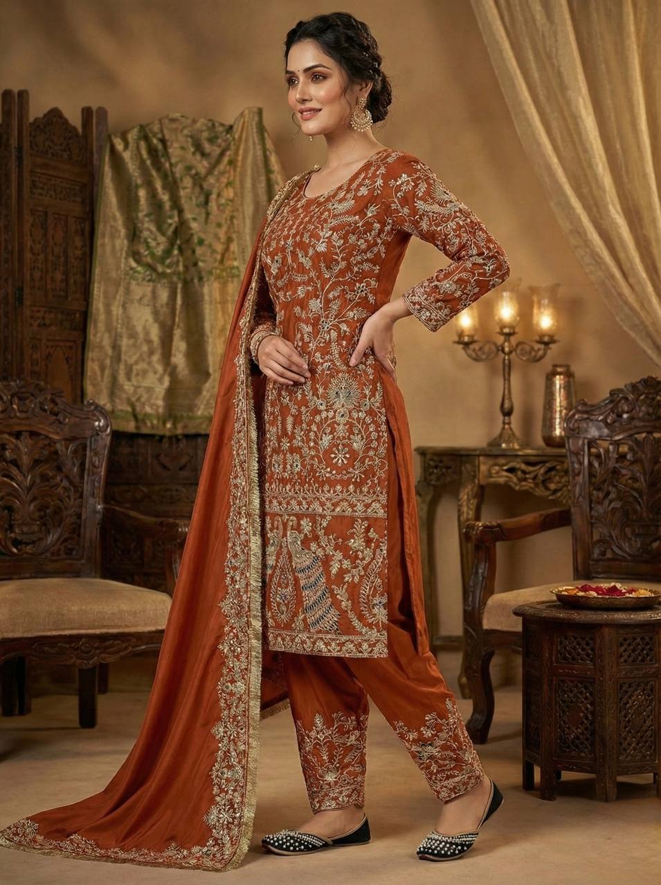 Elegant Crepe Silk Embroidered Suit Set