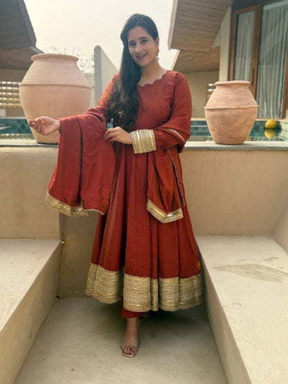 Heavy NC Vichitra Embroidered Anarkali Suit Set with Pant & Sequence Dupatta