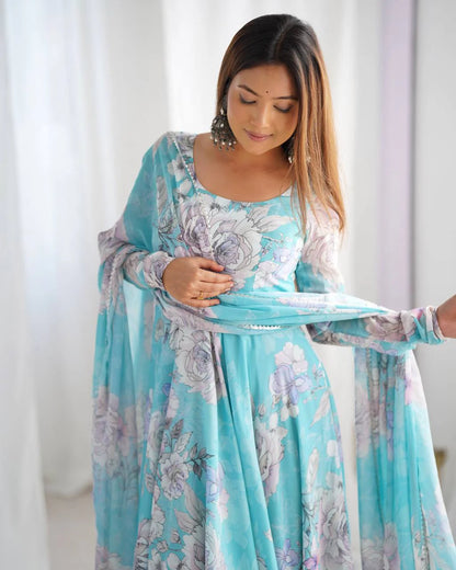 Designer Floral Print Fox Georgette Anarkali Gown