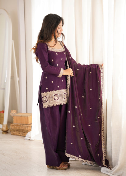 Premium Glass Roman Silk Embroidered Kurta Farshi Shalwar Set with Dupatta
