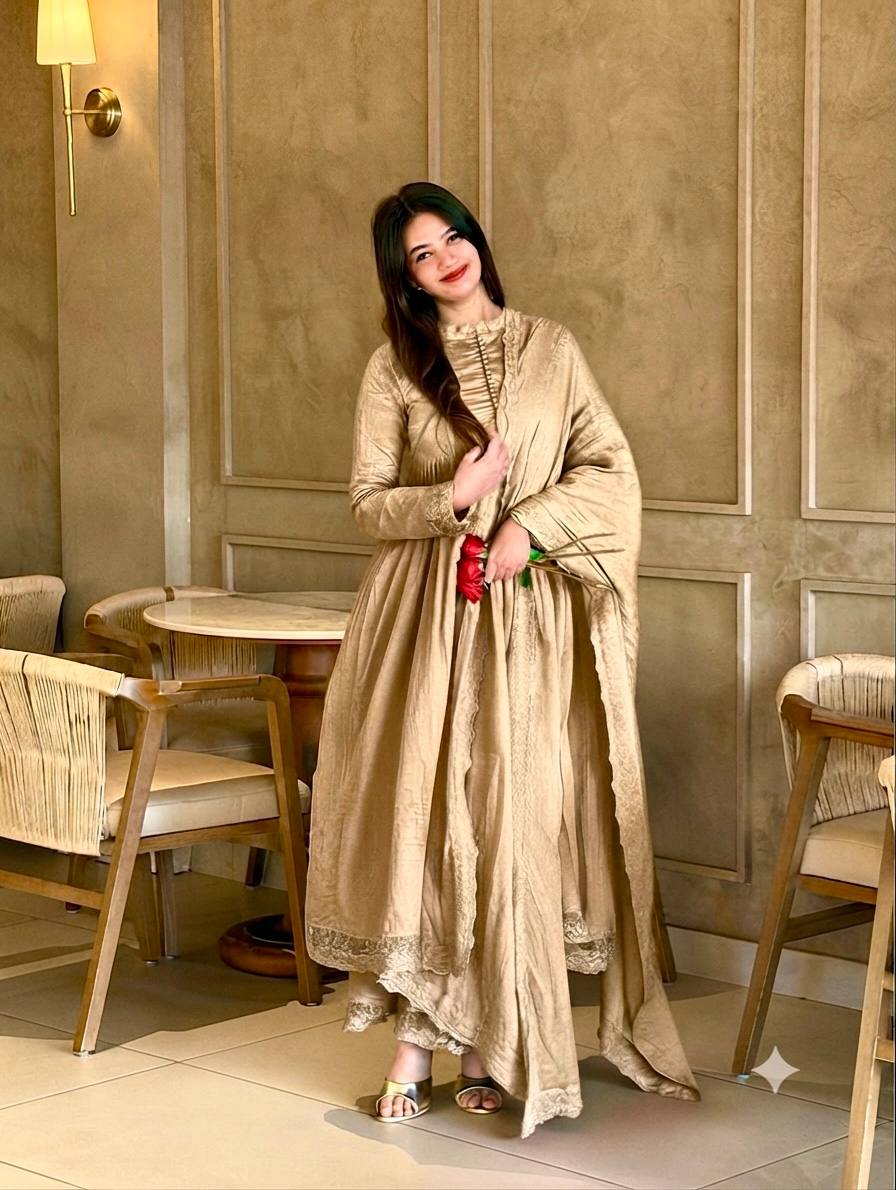 Elegant Heavy Embroidered Roman Silk Gown Set with Dupatta