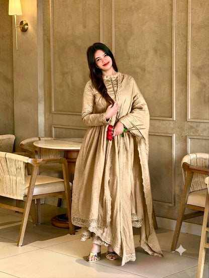 Elegant Heavy Embroidered Roman Silk Gown Set with Dupatta