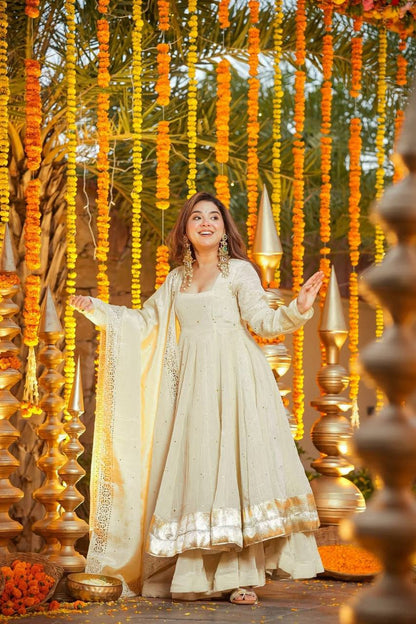Heavy Flair Chinnon Silk Gown Set with Plazzo (Fully Stitched)