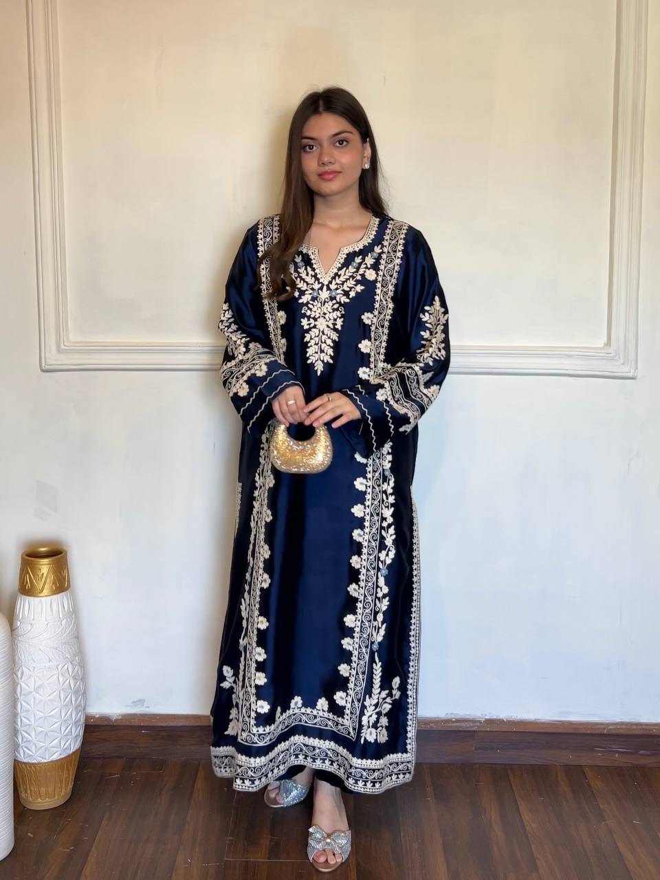 Premium Satin Rayon Embroidered Long Kaftan Set