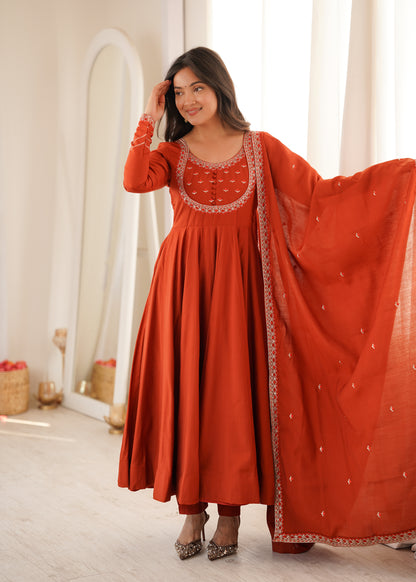 Premium Roman Chanderi Silk Anarkali Suit with Pant & Dupatta