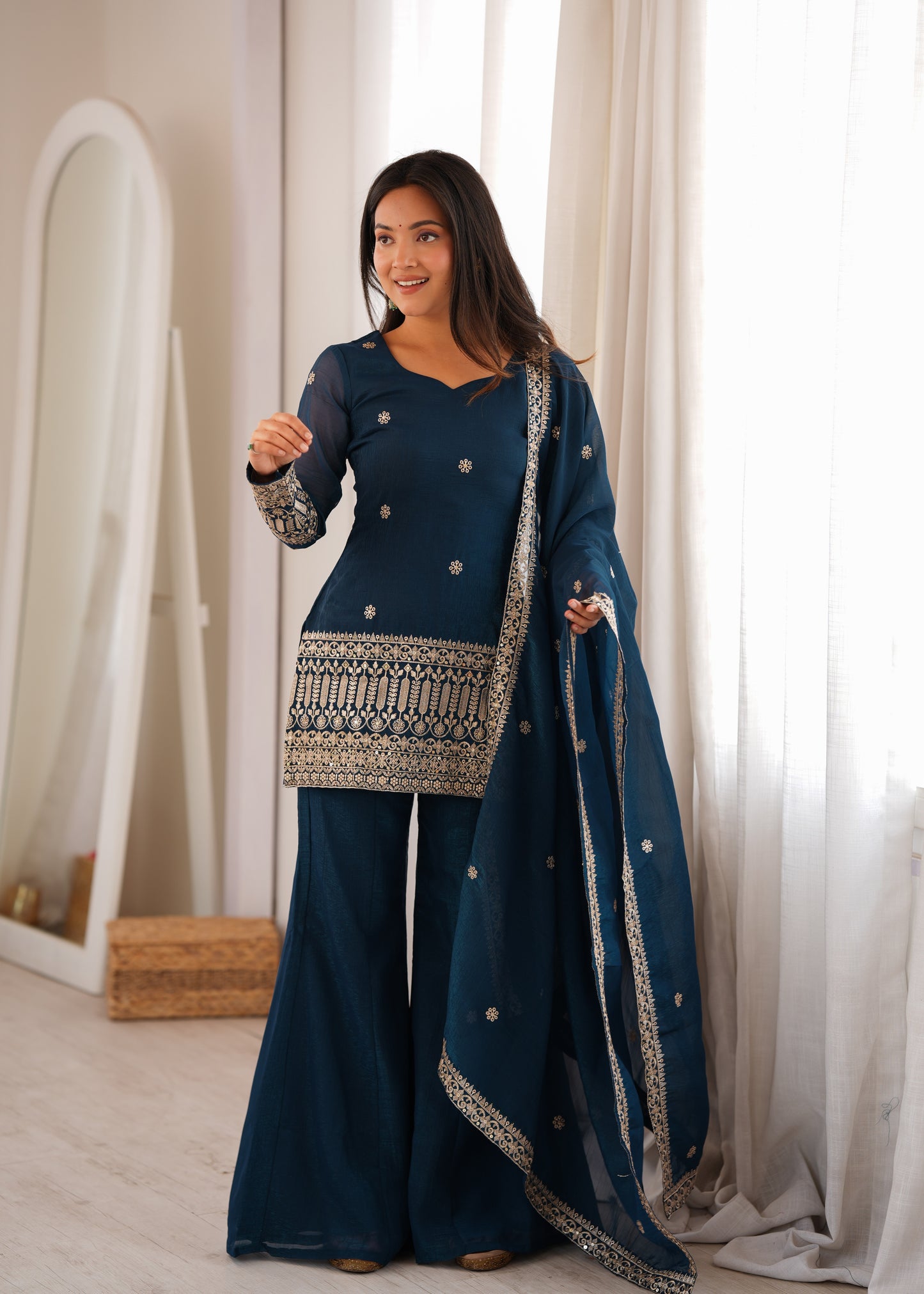 Crunchy Silk Embroidered Kurta with Bell Bottom Pant & Dupatta