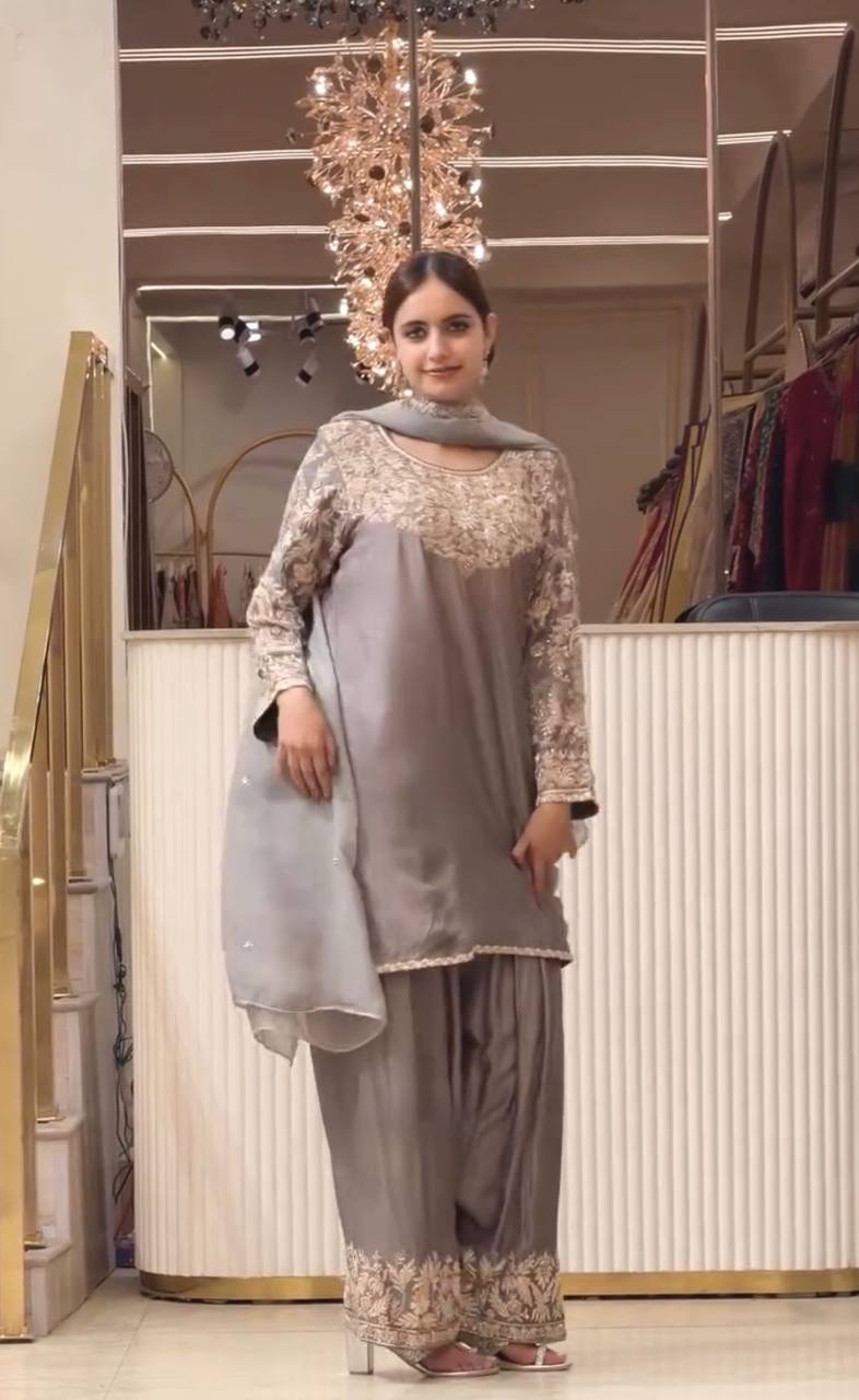 Premium Chinon Silk  Sequence Work Farshi Plazzo Suit Set with Dupatta